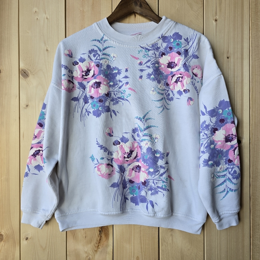 Vintage Lady Foot Locker 80’s 90’s  Floral Print Crewneck Sweater Womens Medium